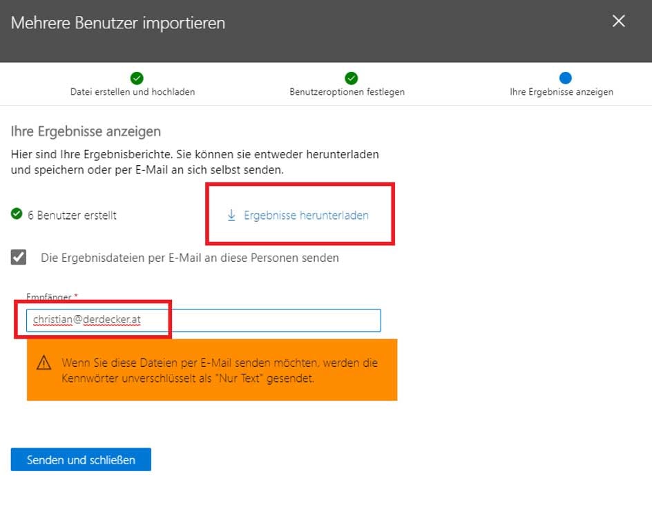 Benutzeranlage Ergebnis exportieren