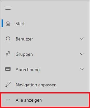 Menü des Admin Portals der Microsoft Cloud