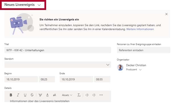 Neues Live Ereignis 