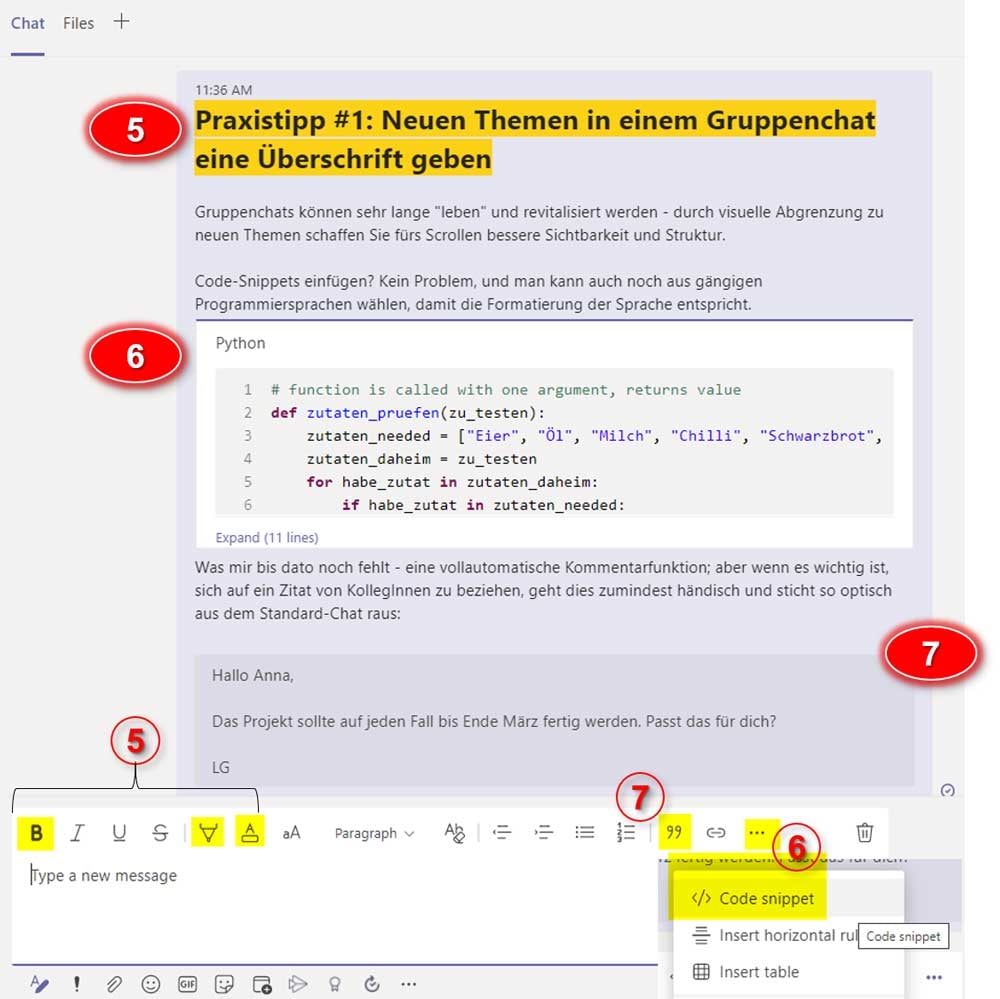 Formatierungsoptionen in Microsoft Teams