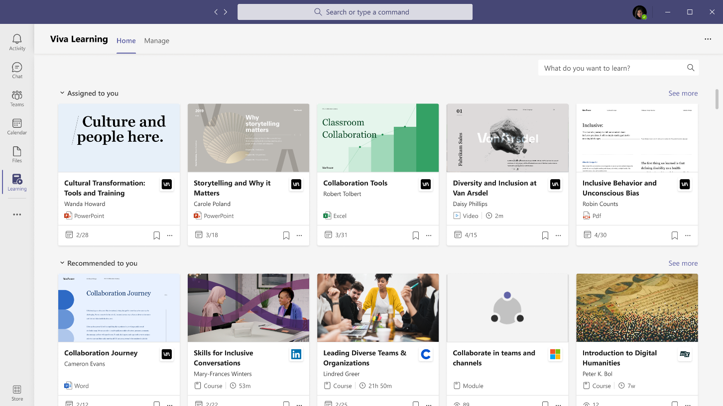 Viva Learning App in Microsoft Teams; personalisierte Ansicht der Kurse, © Microsoft
