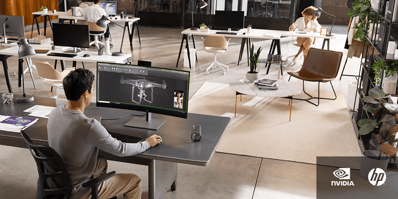 Büro mit mehreren Schreibtischen, an denen Personen arbeiten | HP | NVIDIA