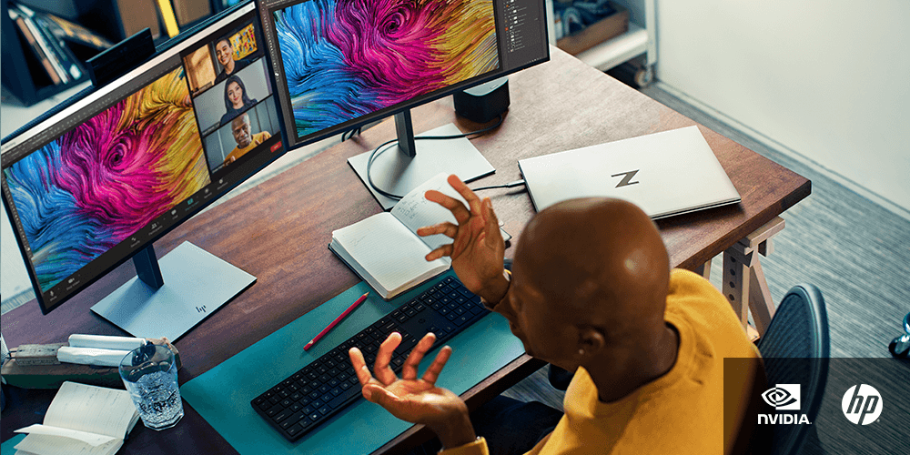Person im Online-Meeting am Schreibtisch | NVIDIA | HP