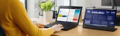 Frau arbeitet auf Lenovo L14 und Monitor L15 und sieht sich transparente Reportings zu nachhaltiger IT an.
