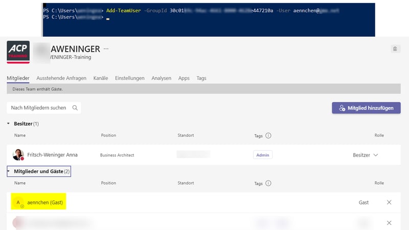 Ein Gastuser wird über das cmdlet „Add-TeamUser“ zu einem bestimmten Team hinzugefügt 