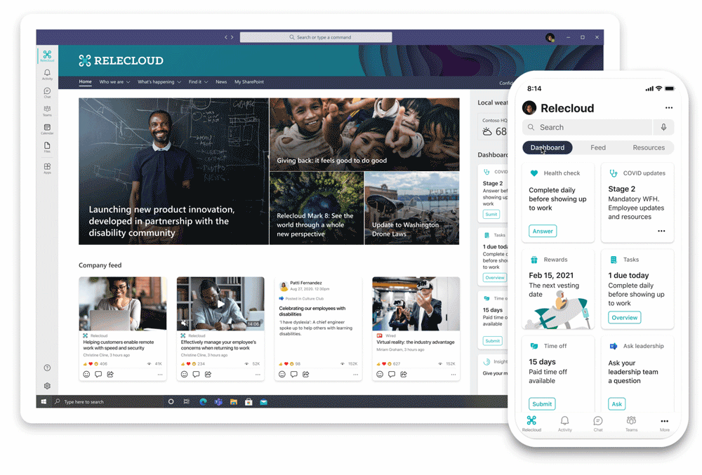 Beispiel für Viva Connections App in Microsoft Teams des Unternehmens Relecloud | © Microsoft