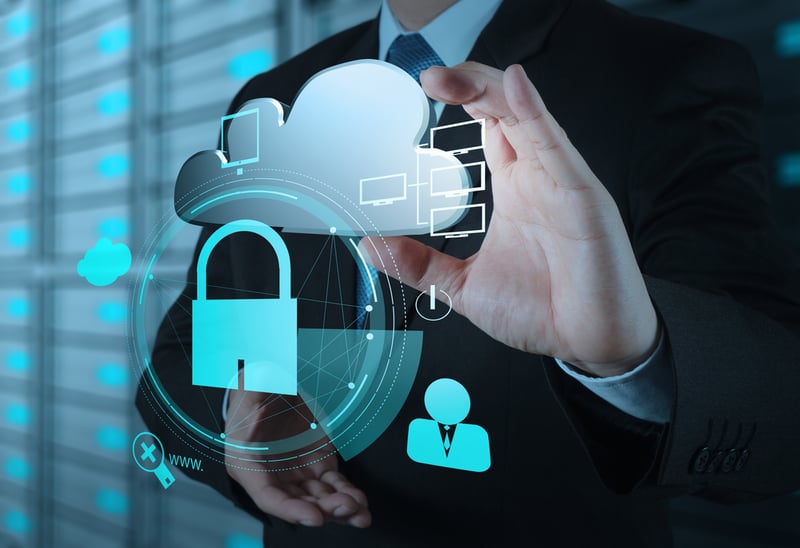 businessman hand show 3d cloud icon with padlock as Internet security online business concept-3
