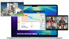 Mehrere Bildschirme zeigen, wie einfach es ist, mehrere Apps gleichzeitig auszuführen, darunter Webseiten in Safari, ein Videoanruf in Zoom und eine Datei in SketchUp auf dem MacBook Air