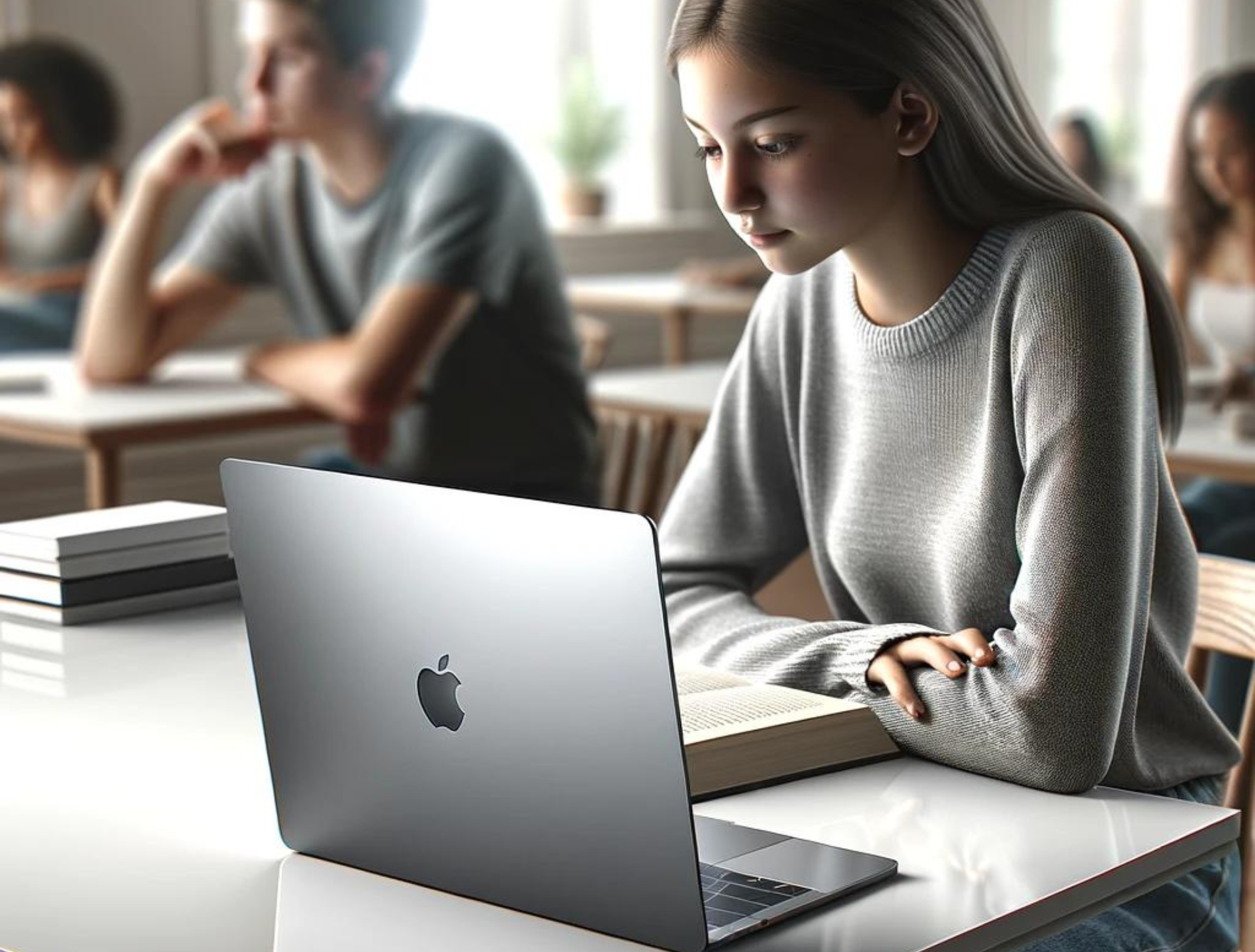 Weiblicher Teenager lernt mit einem MacBook im Unterricht